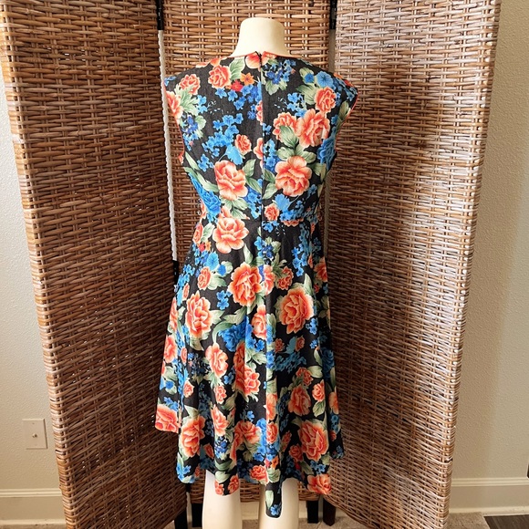 Lindy Bop Blue and Orange Floral Retro Silhouette Style Pin Up Fit & Flare Dress - Picture 8 of 10